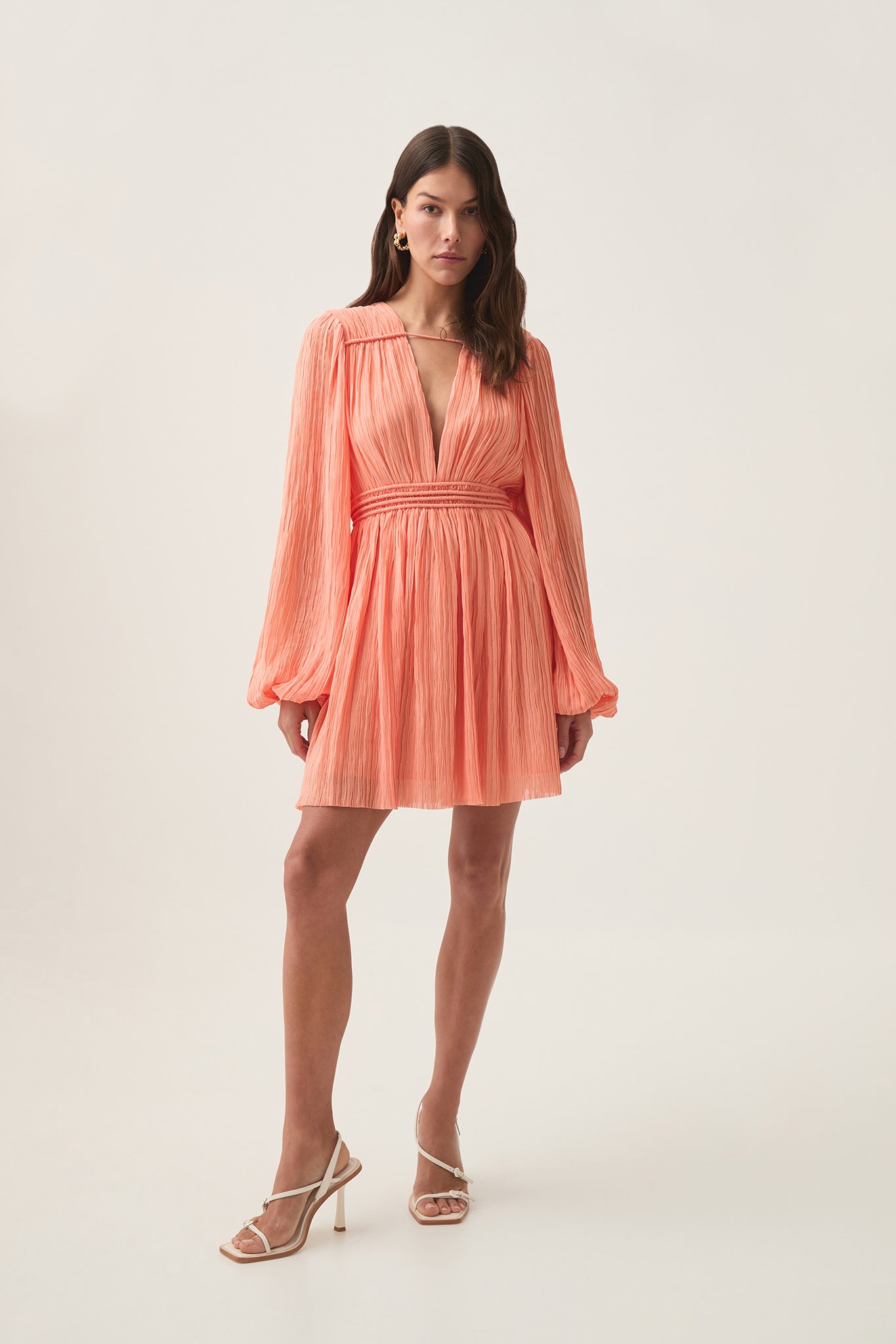 aje prairie pleated mini dress Aje Prairie Pleated Mini Dress Size 8 Ivory Poplin Cotton Puff Sleeve A-Line New