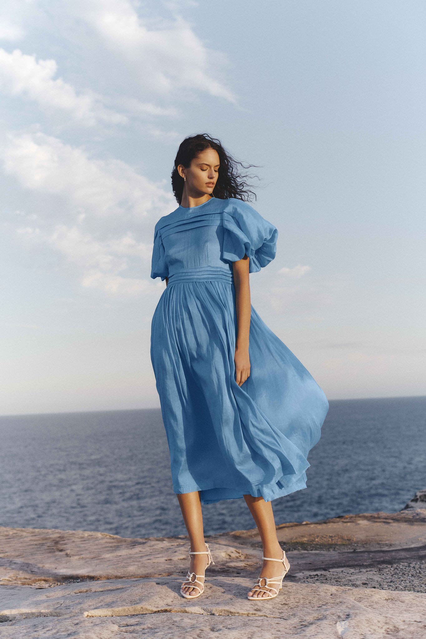 Sylvia Pintuck Midi Dress, Azure Blue