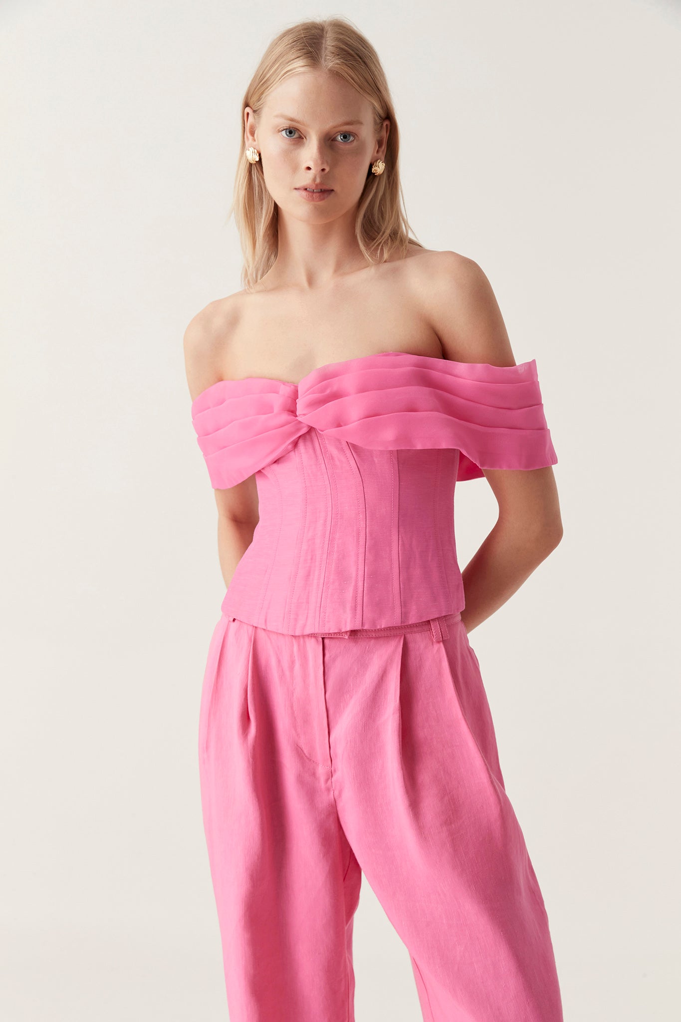Pink Strappy Pleated Bust Corset Detail Crop Top